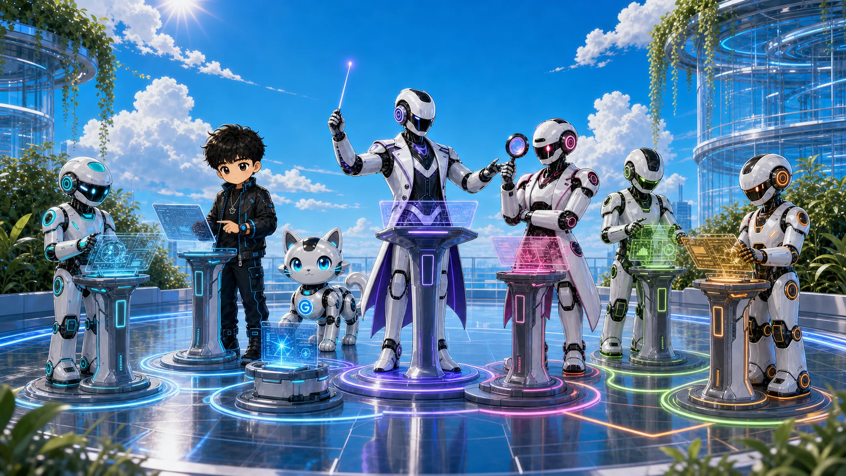 Pengyi, Little G Cat, the PPRT Orchestrator, and four engineering Agents at laser workstations